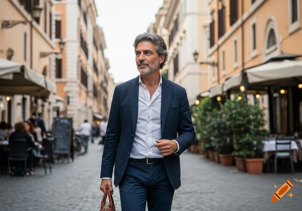 Stylish man with grey hair walking down a cobblestone street lined with outdoor restaurants.