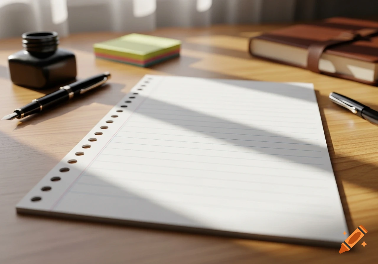 A blank piece of lined notebook paper on a wooden desk with an inkwell, fountain pen, sticky notes, and a journal, under natural light.