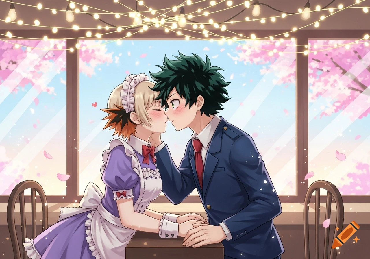 Anime characters resembling Bakugo in a maid outfit and Deku in a suit kiss in a cafe with cherry blossoms and string lights.