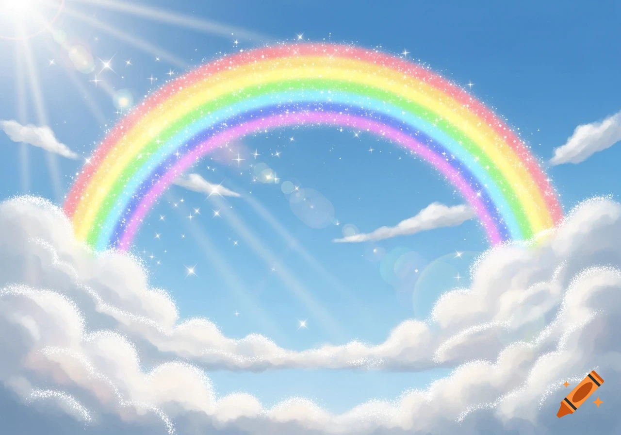 A vibrant, sparkling rainbow arches across a light blue sky with sun rays and fluffy white clouds at the bottom.