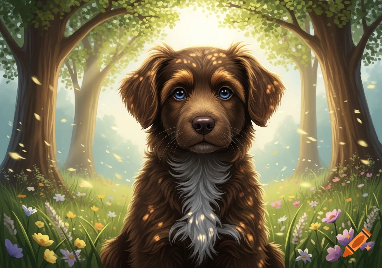 Cute brown puppy with blue eyes sits in a field of wildflowers with trees and sunlight in the background, digital illustration.