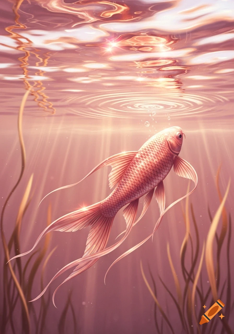 A rose gold fish with long, flowing fins swims in shimmering pink water, with sunlight beams shining from above.