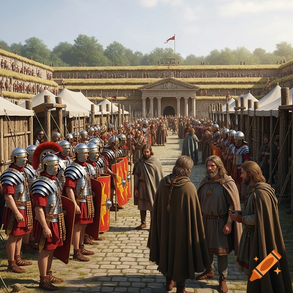 Photorealistic image of a Roman castra in the 1st century, with Roman soldiers in formation and Germanic figures conversing.
