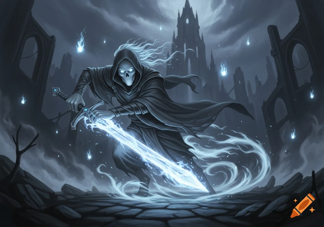 A skeletal ghost in a black robe with glowing eyes holds a luminous ...