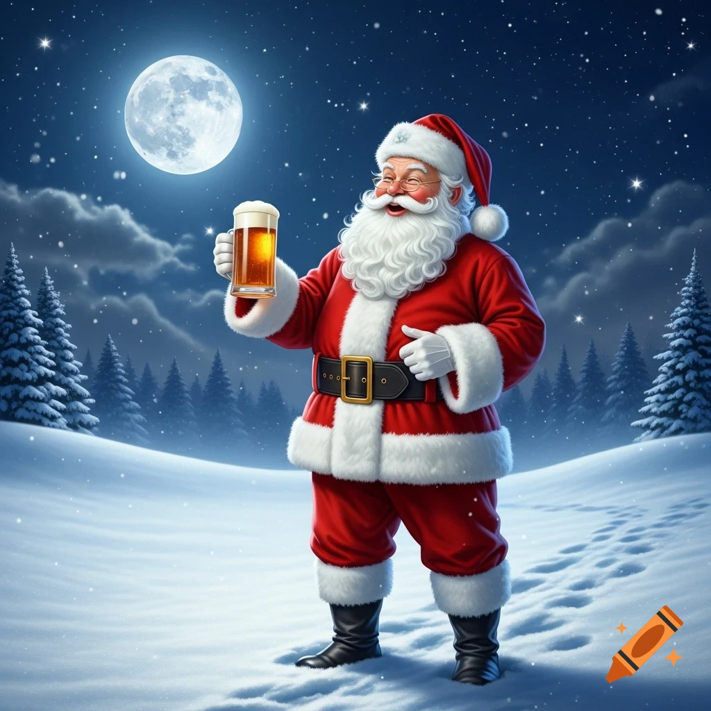 Santa Claus in a snowy landscape under a full moon, holding a glass of ...