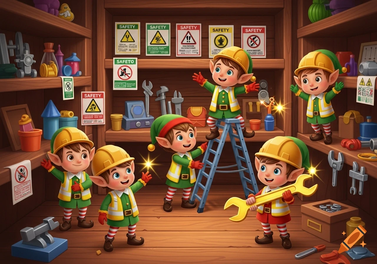 Cartoon elves in a workshop, wearing hard hats and safety vests, surrounded by tools and safety signs, with some garbled text on signs.