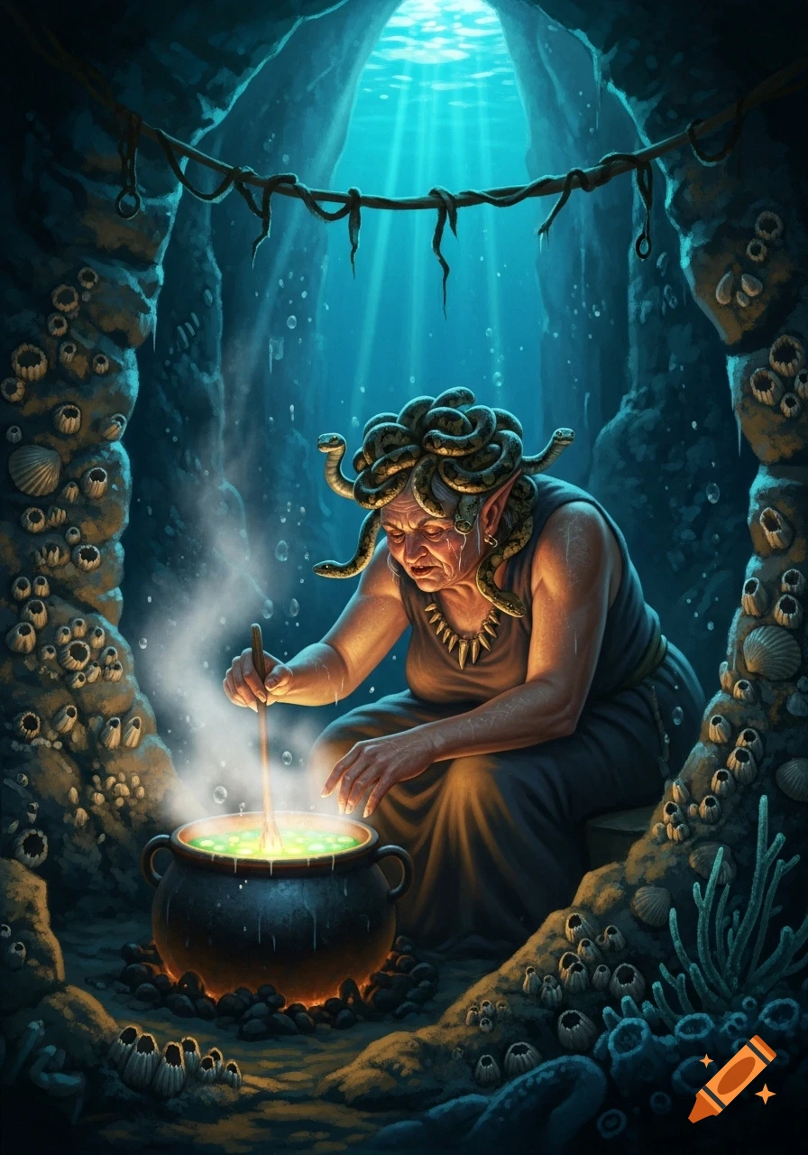 An old Medusa-like sea witch with snakes for hair stirs a glowing green cauldron in a dark underwater cave with light rays.
