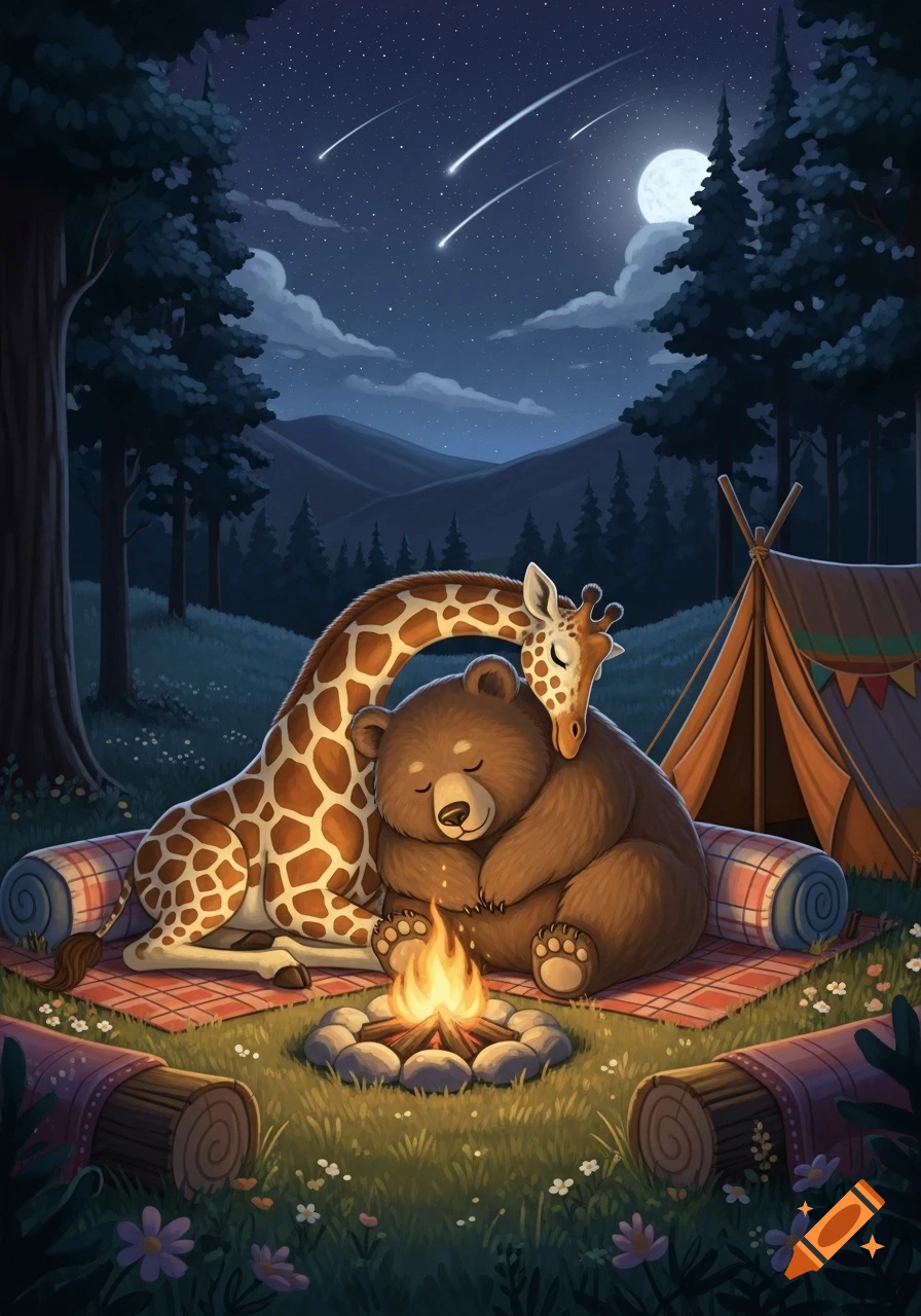 Cartoon giraffe and bear cuddle by a campfire in a forest at night, under a moonlit sky with shooting stars and a distant tent.