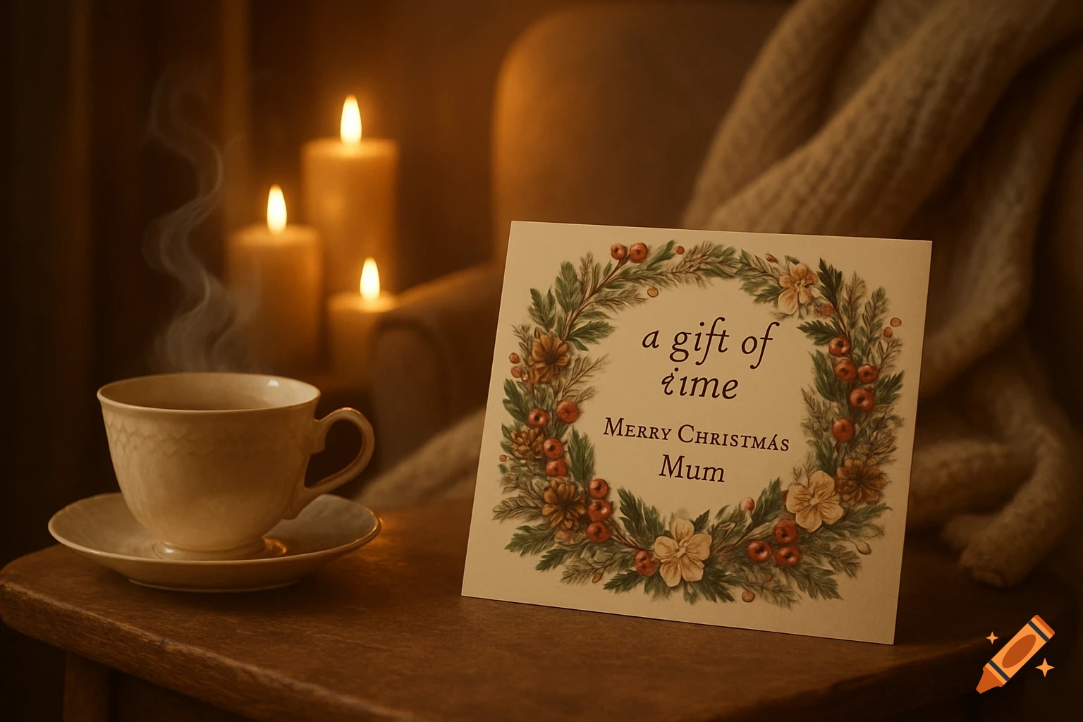 A cozy scene with a steaming teacup, a Christmas card, and lit candles on a wooden table.