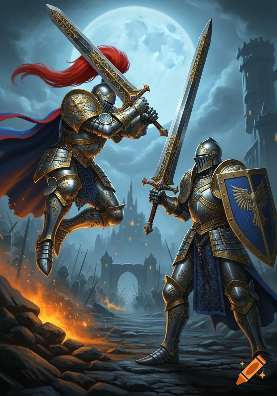 Two royal knights in ornate silver and gold armor clash swords under a full moon with a castle background in a detailed fantasy art style.