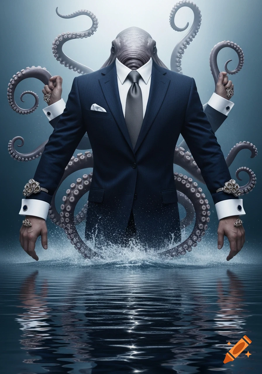 A photorealistic Kraken with an octopus head and tentacles wears a dark business suit, emerging from rippling water.