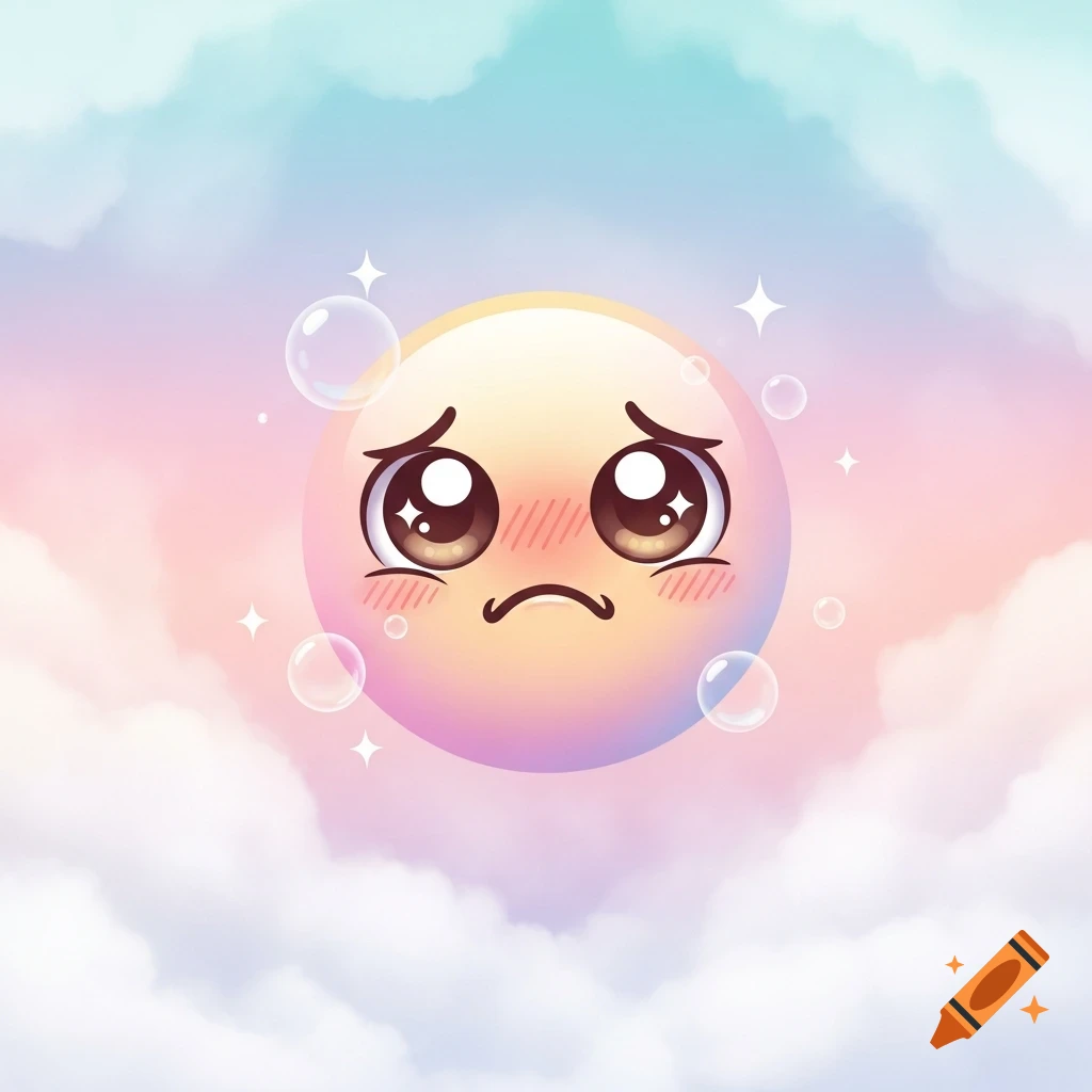 A cute, cartoon sad emoji face with big eyes, blushing, floating in pastel clouds with bubbles and sparkles.