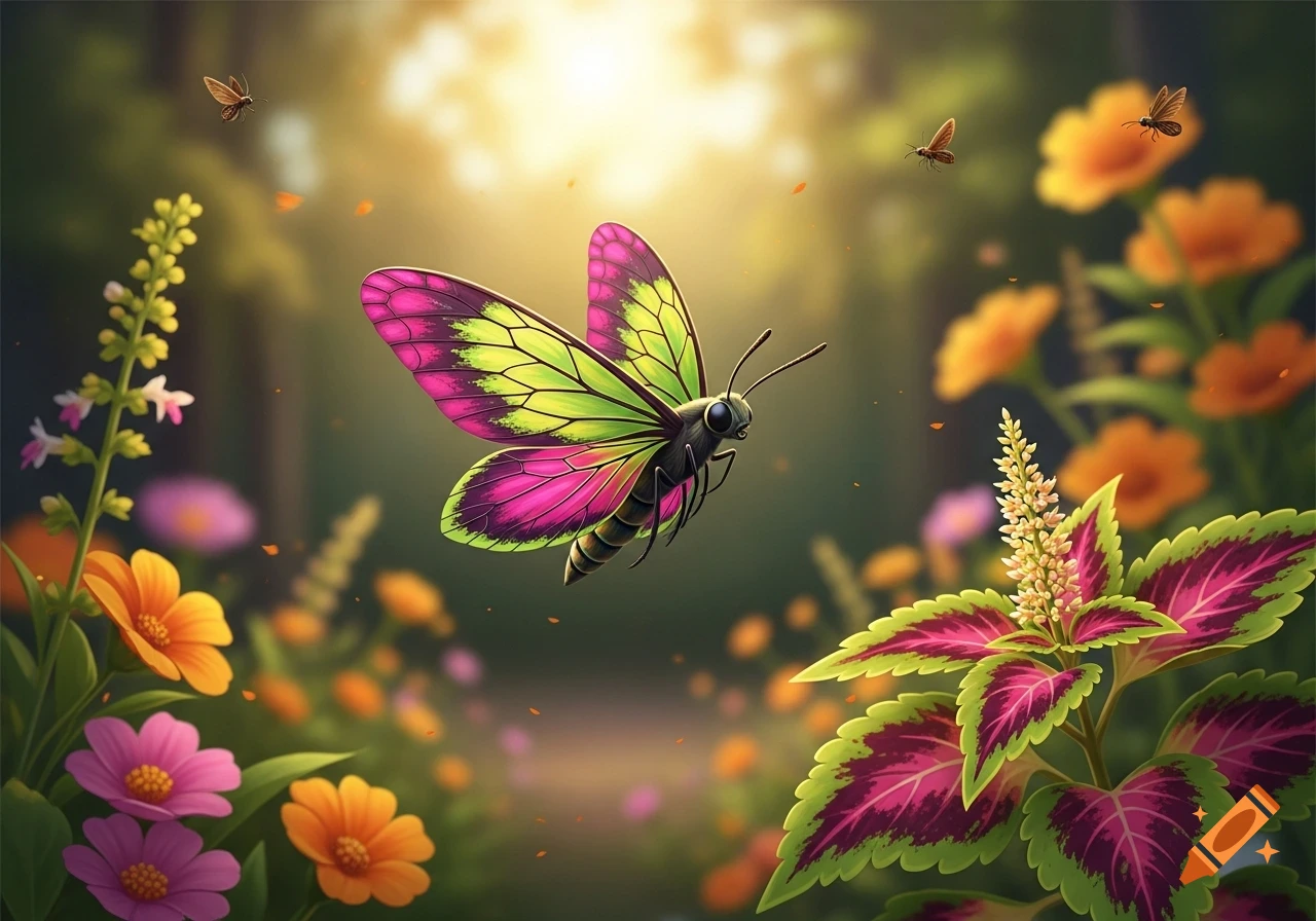 A vibrant, colorful butterfly with pink and green wings flies in a sunlit garden among flowers and plants.
