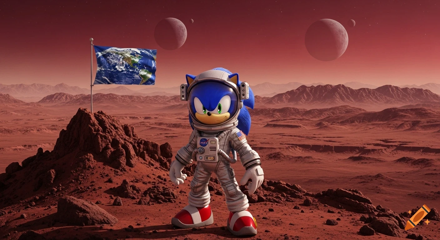 Sonic the Hedgehog in an astronaut suit standing on Mars next to a planted Earth flag under a red sky with two moons.