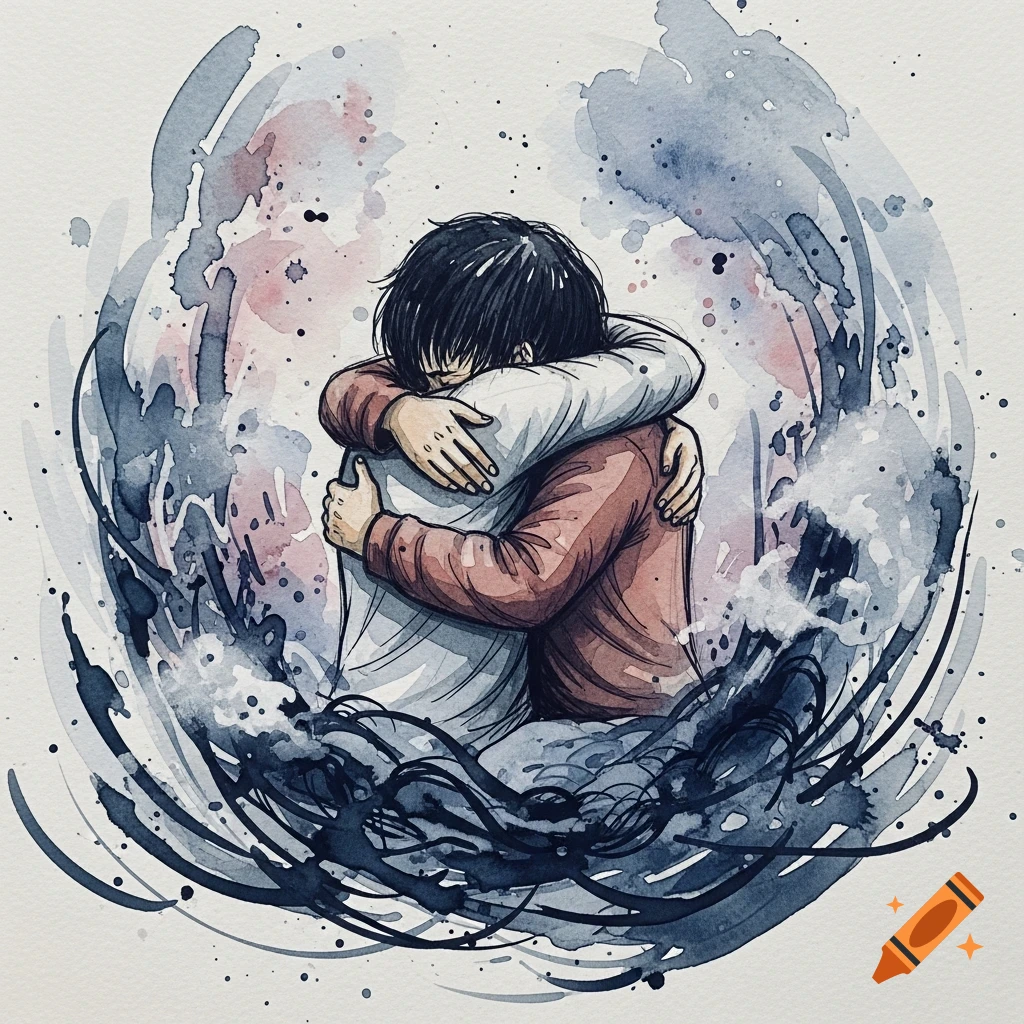 Watercolor illustration of two figures embracing amidst abstract dark and pink splashes.