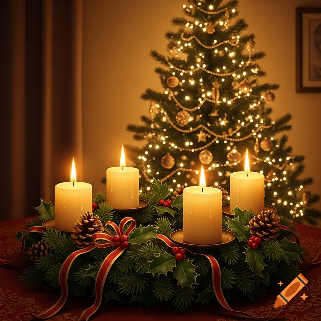 An Advent wreath with four lit candles sits on a red tablecloth, with a brightly lit Christmas tree in the background.