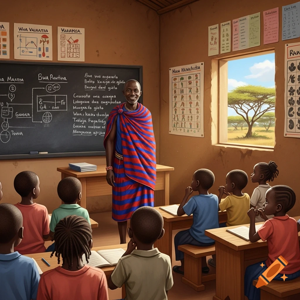 A male teacher in traditional attire smiles in front of a classroom of young students, with a savanna landscape visible outside the window.