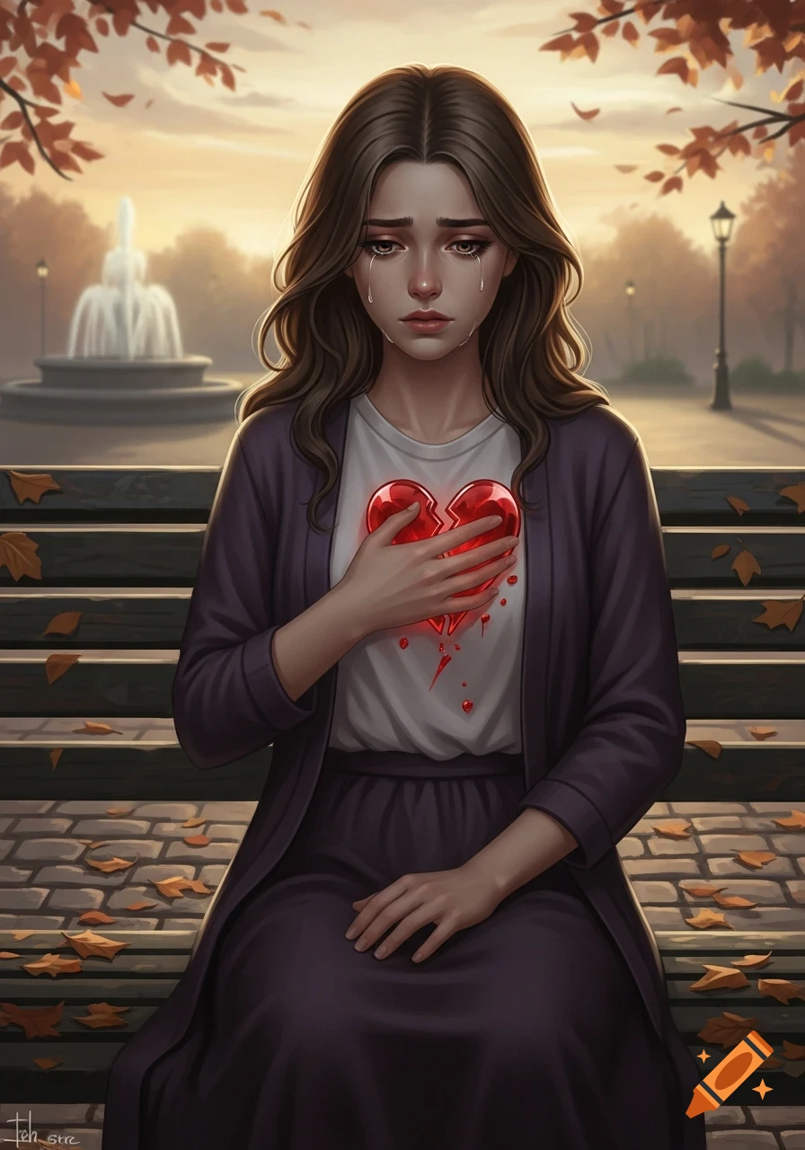 A sad woman with long brown hair cries while holding a glowing broken heart on her chest, sitting on a park bench covered in autumn leaves near a fountain.