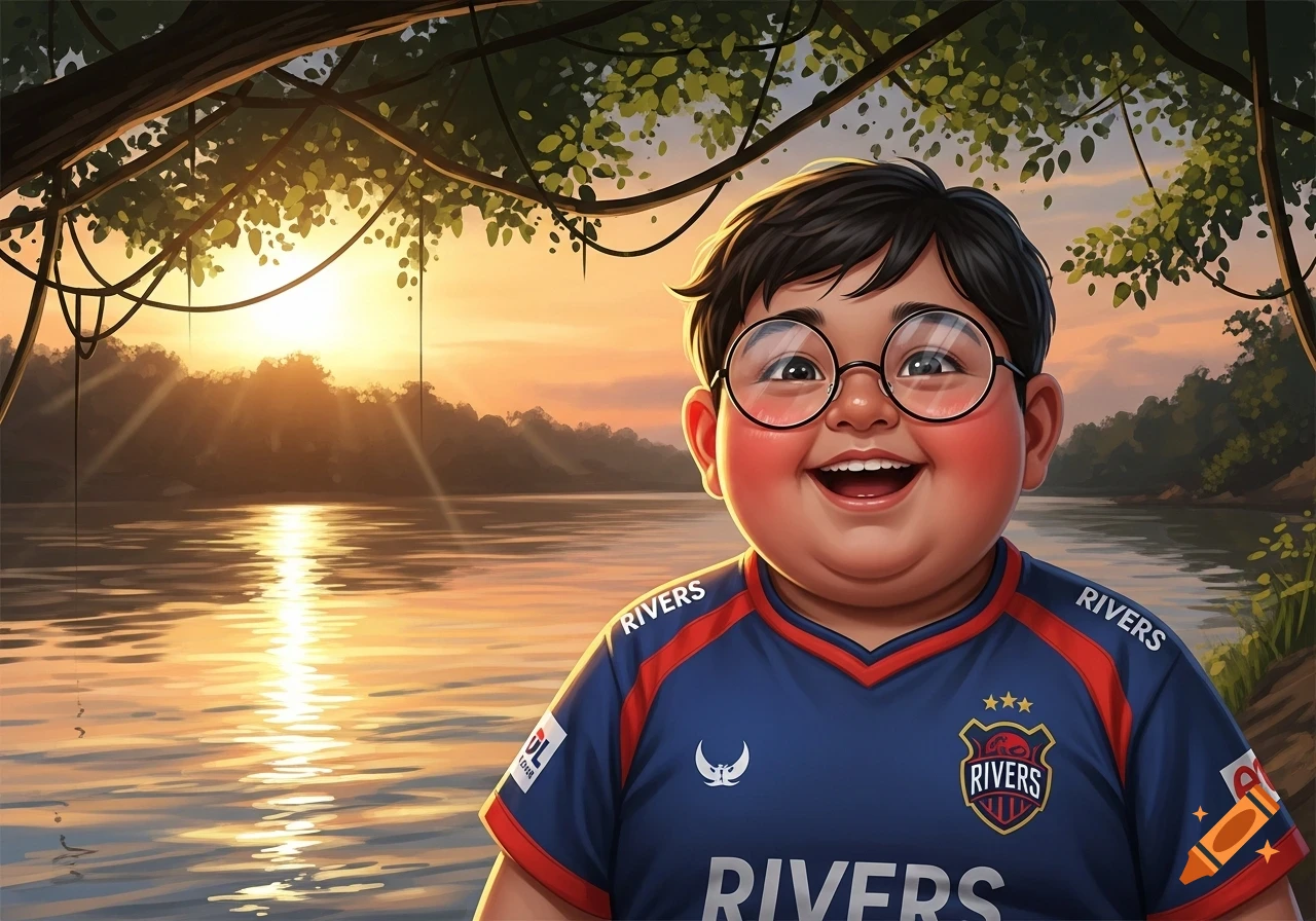A smiling, chubby cartoon boy with glasses wearing a blue "RIVERS" jersey stands by a river at sunset.