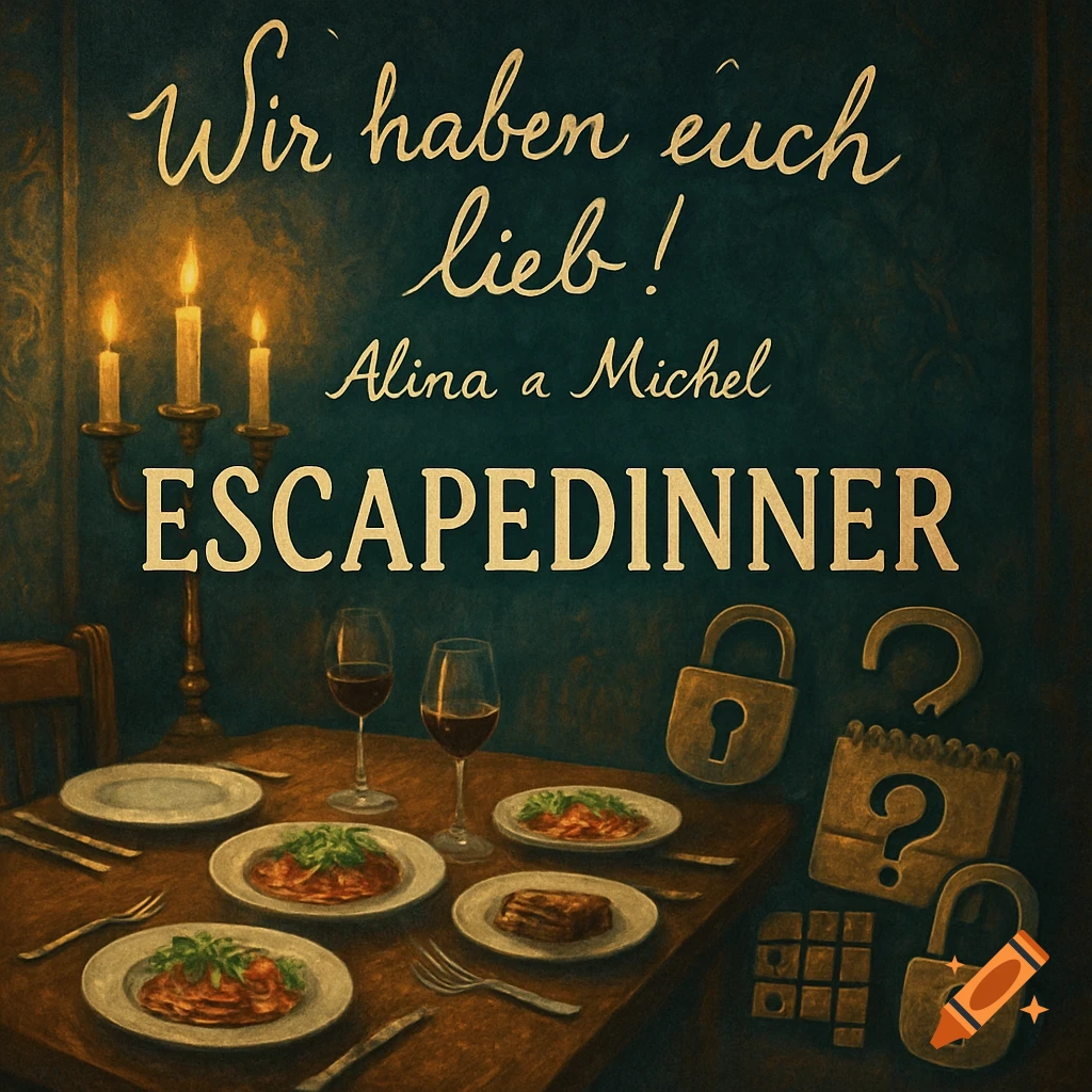 A dark, painterly illustration of a dinner table set with plates of pasta, wine glasses, candles, and locks. Text reads "Wir haben euch lieb! Alina a Michel ESCAPEDINNER".