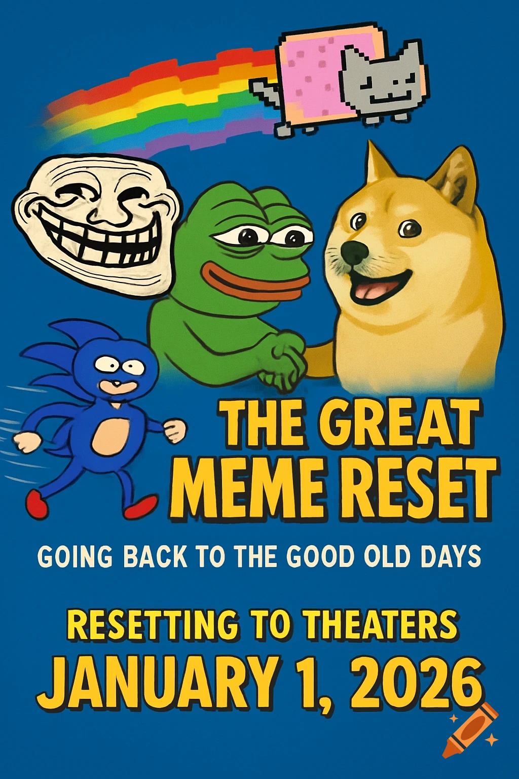 A movie poster titled 'The Great Meme Reset' featuring Troll face, Pepe the frog, Doge, Nyan cat, and Sanic on a blue background.