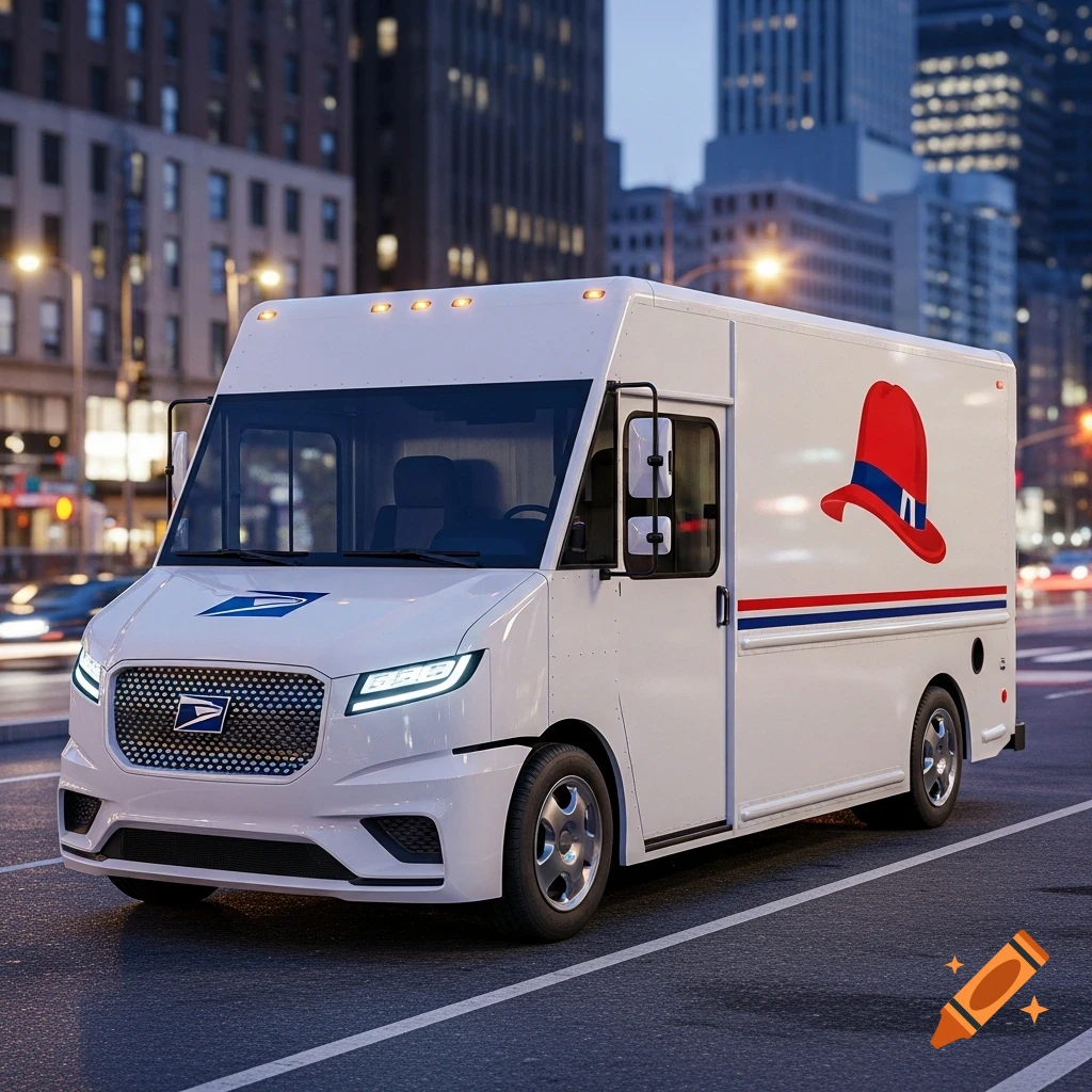 A modern white USPS delivery truck with a Red Hat logo on its side drives through a city street at dusk, photorealistic.