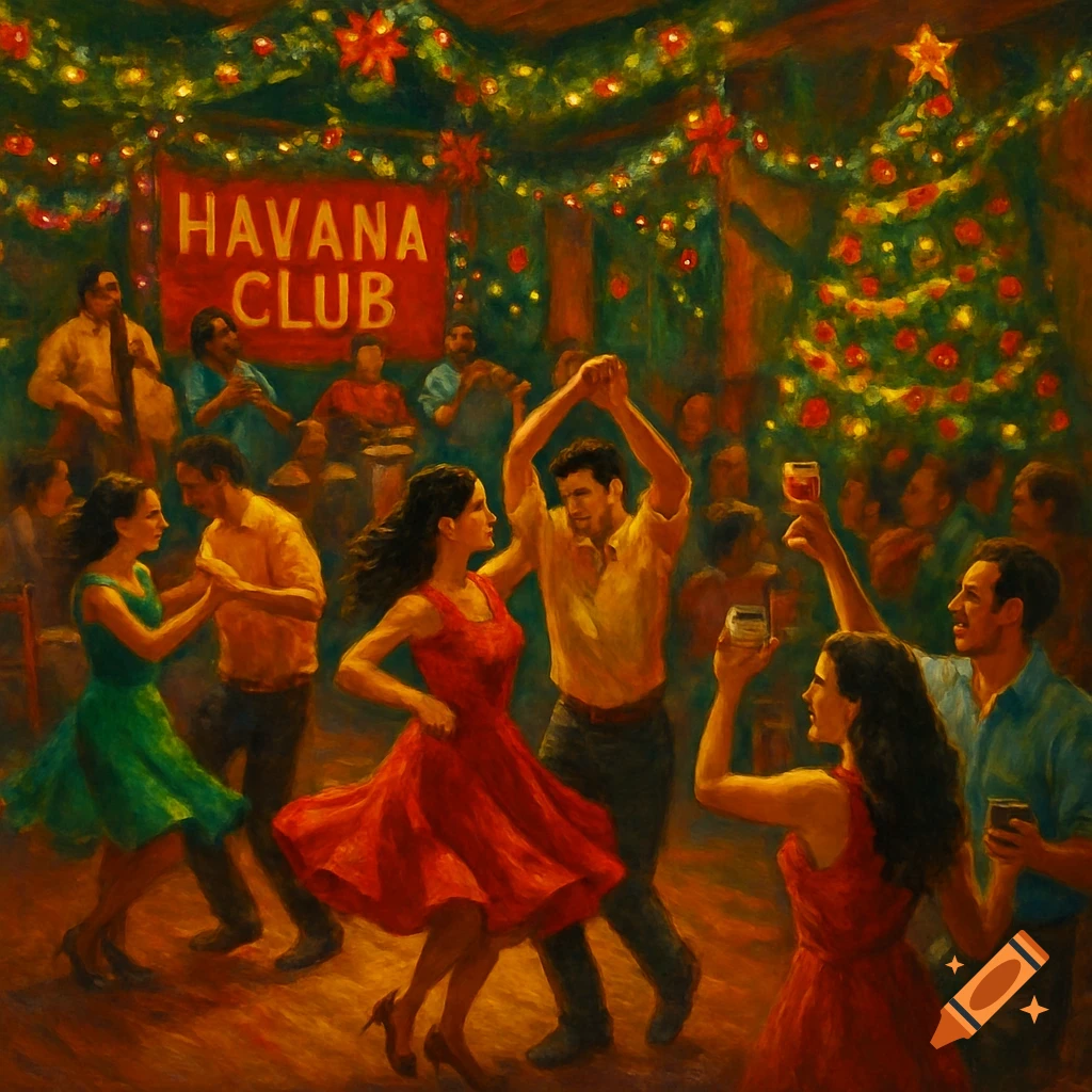 Oil painting of people dancing and celebrating in a Havana Club, decorated for Christmas with lights and garlands.