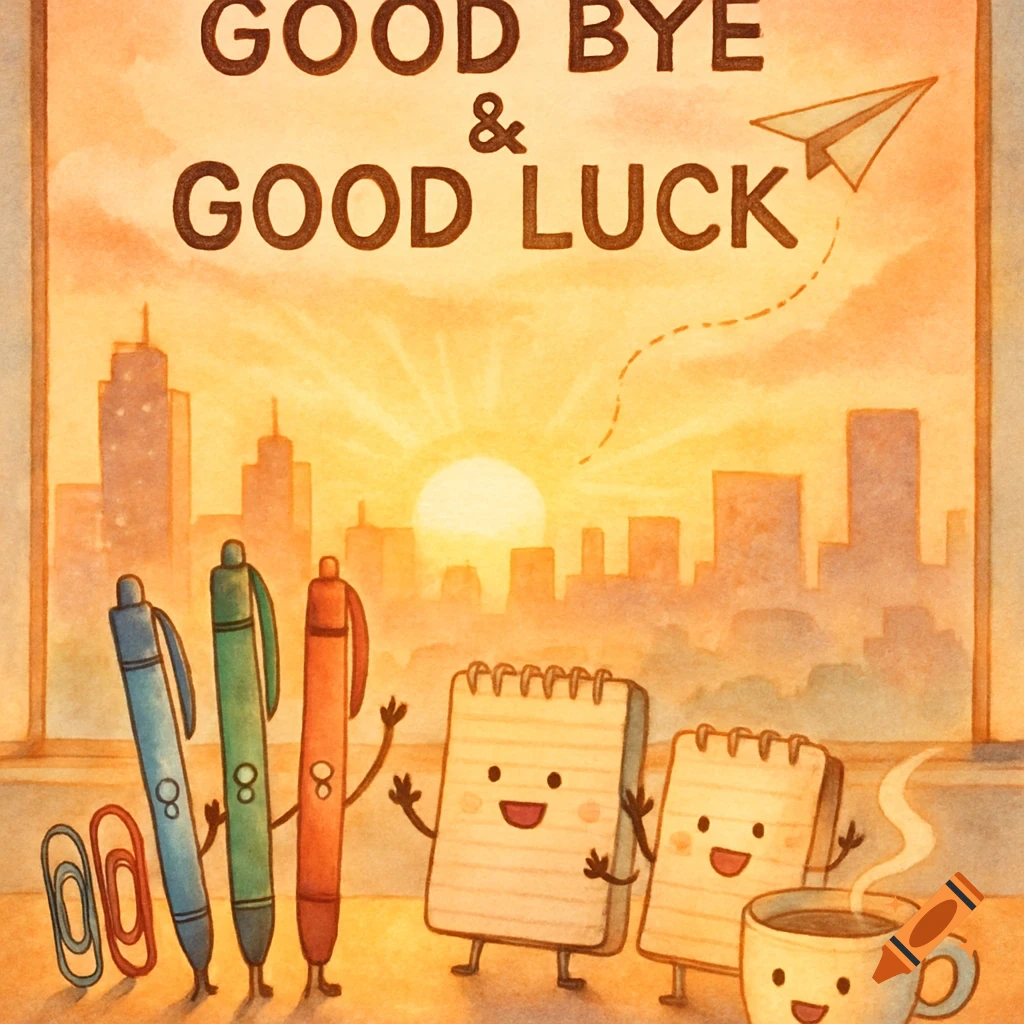 Watercolor illustration: anthropomorphic pens, notebooks, coffee cup wave goodbye with "GOOD BYE & GOOD LUCK" text and a city skyline at sunset.