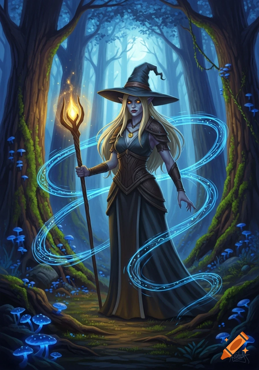 A blonde-haired, pale-skinned witch with glowing amber eyes holds a staff, casting a spell in a dark, magical forest with blue mushrooms.
