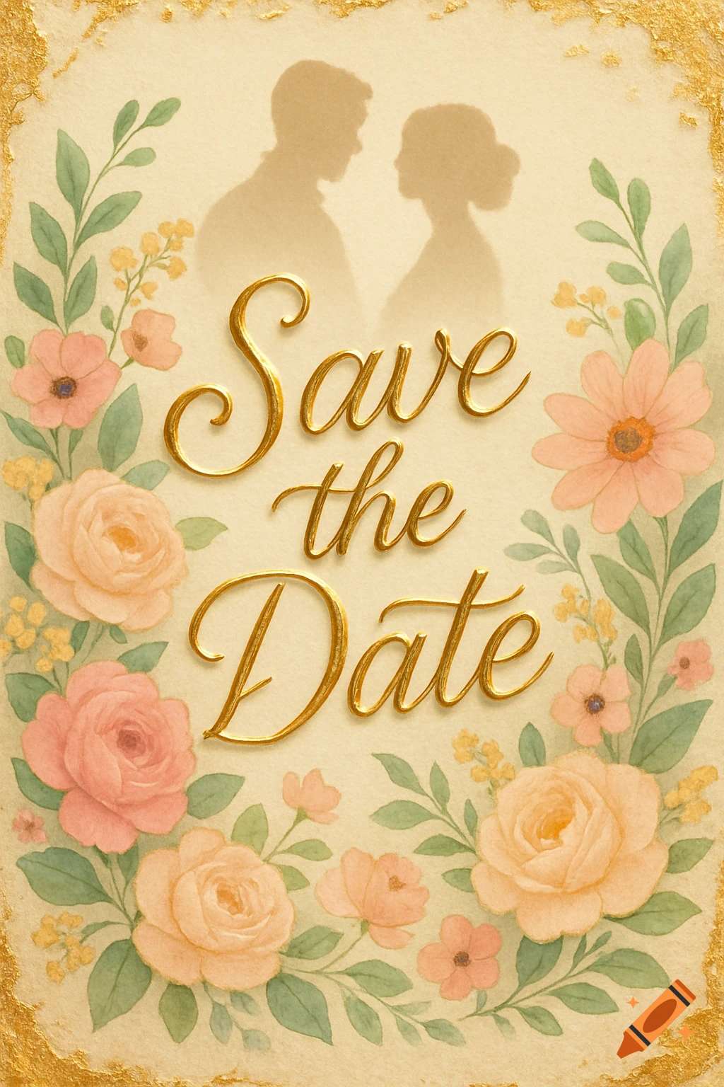 A watercolor wedding 'Save the Date' card with golden cursive text, floral borders, and silhouettes of a couple.