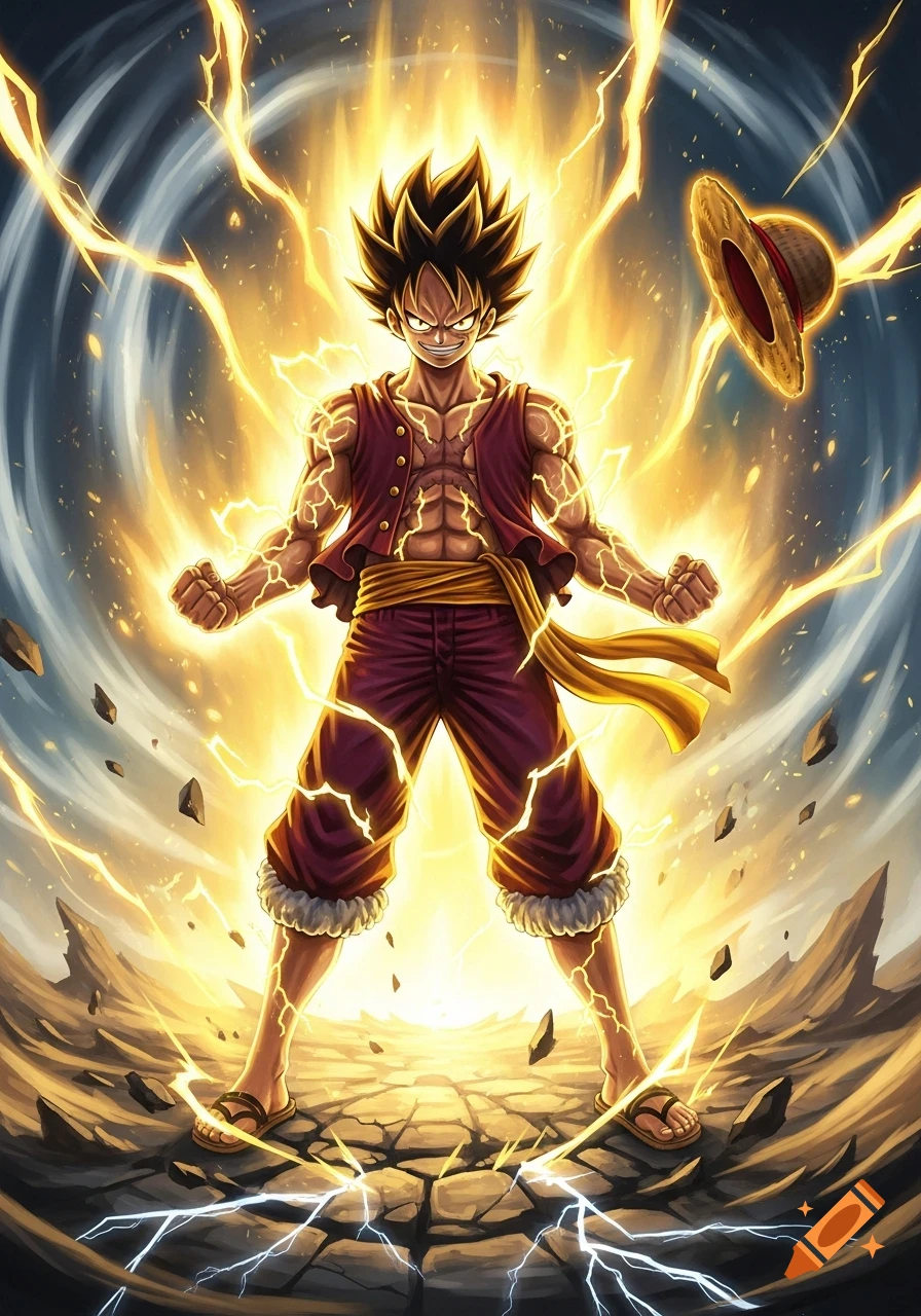 Anime character, a fusion of Luffy and Super Saiyan, crackling with golden energy and electricity, standing on a shattered rocky ground.