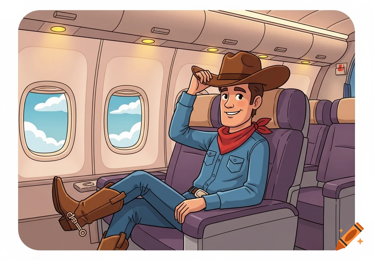 A friendly cartoon cowboy in a denim shirt, red bandana, and boots sits in an airplane seat, tipping his brown hat. Clouds are visible outside the windows.