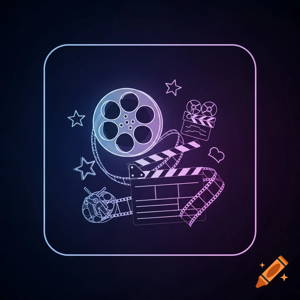 Minimalist neon outline illustration of a glowing film reel, clapperboard, film strips, and stars on a dark background, in soft blue and purple light.