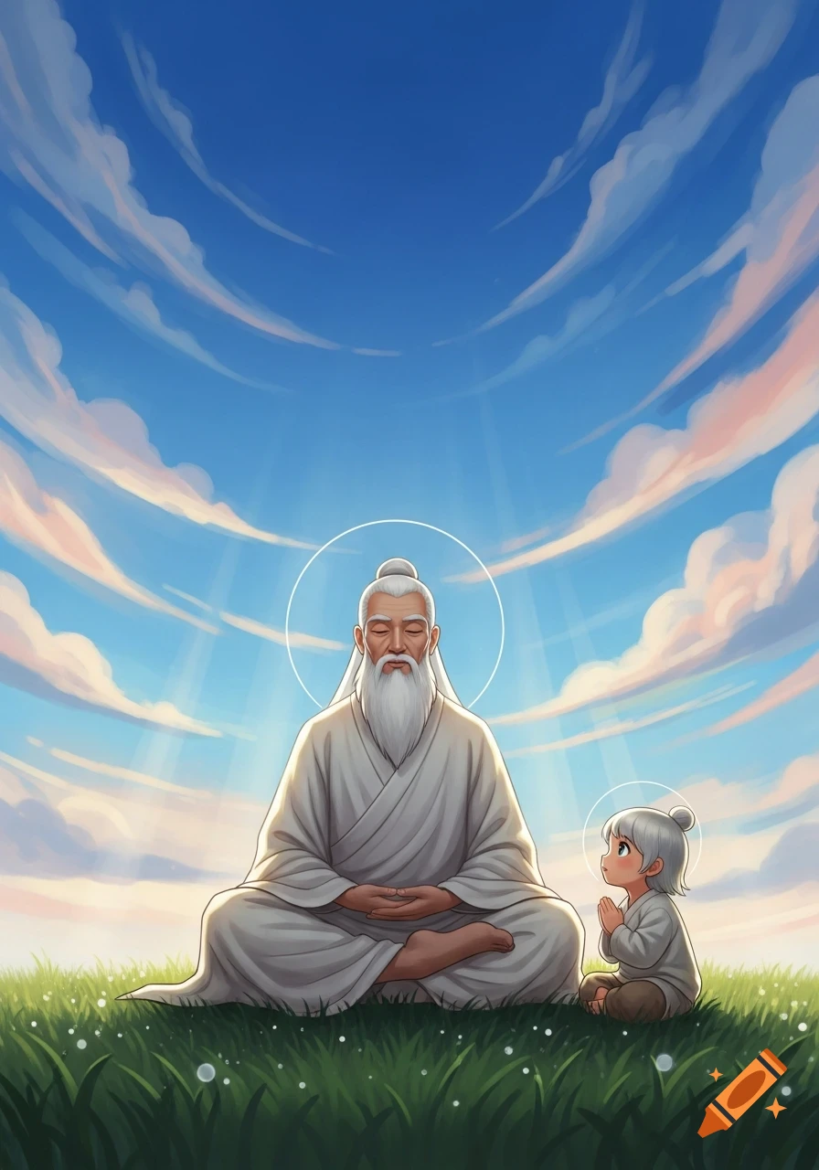 An old man meditates with a child praying on grass under a bright blue sky in a cartoon style.