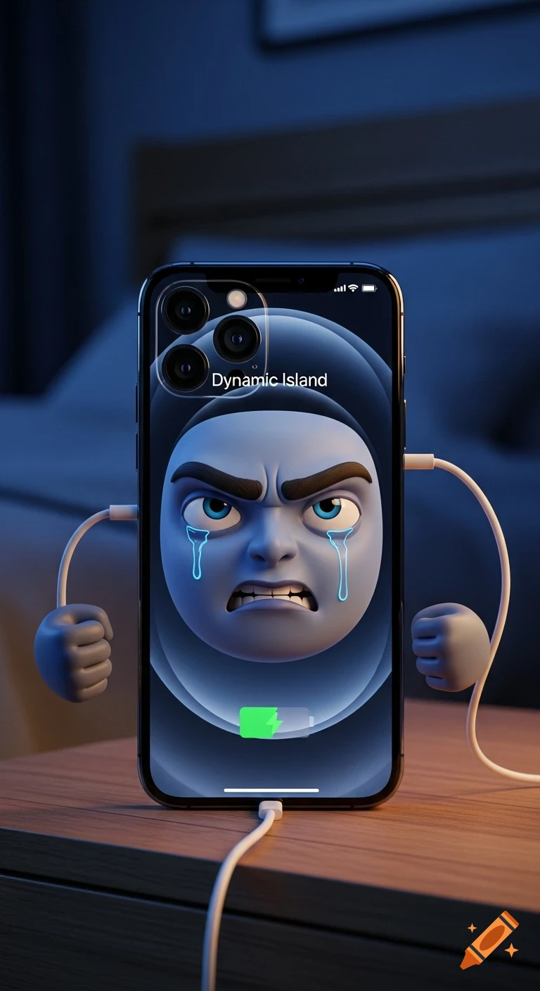Hyper-realistic iPhone on a wooden nightstand, with an angry 3D face on its screen and cartoon arms clenched in frustration as it charges.