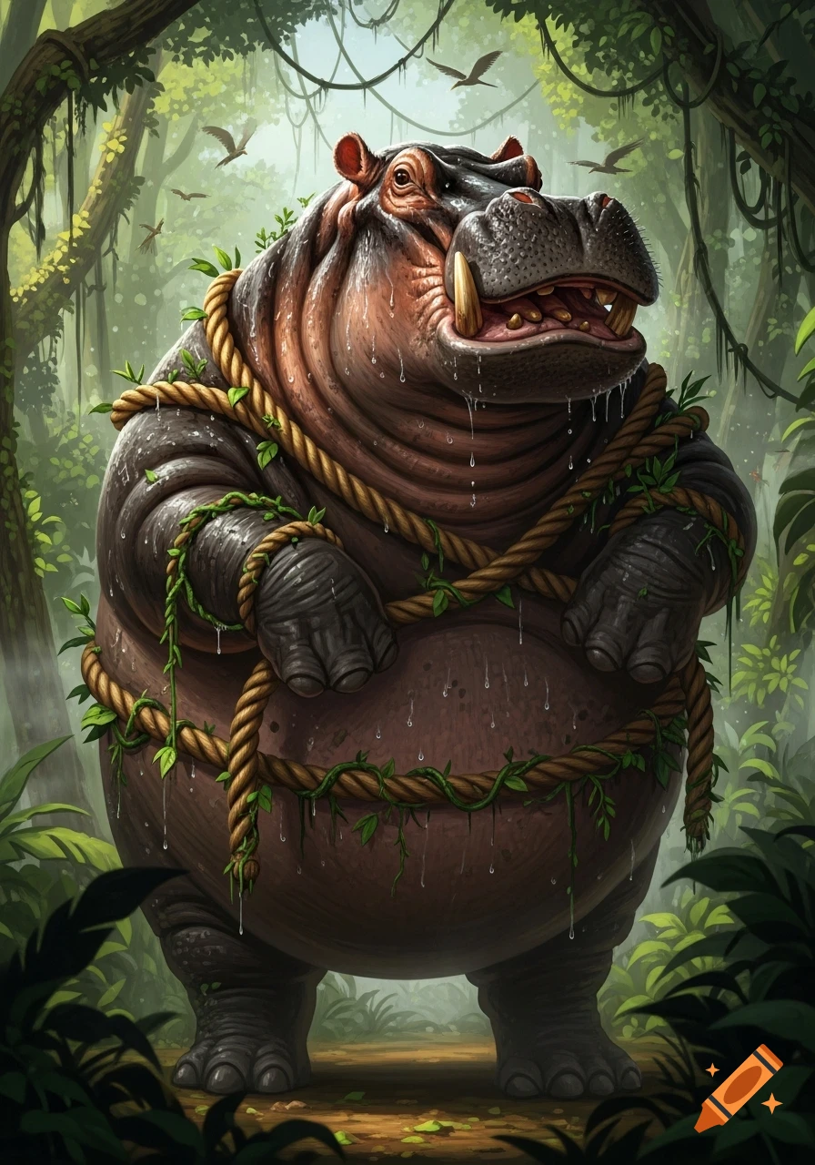 A large, stylized hippo is bound by ropes and vines in a lush jungle, with birds flying overhead.
