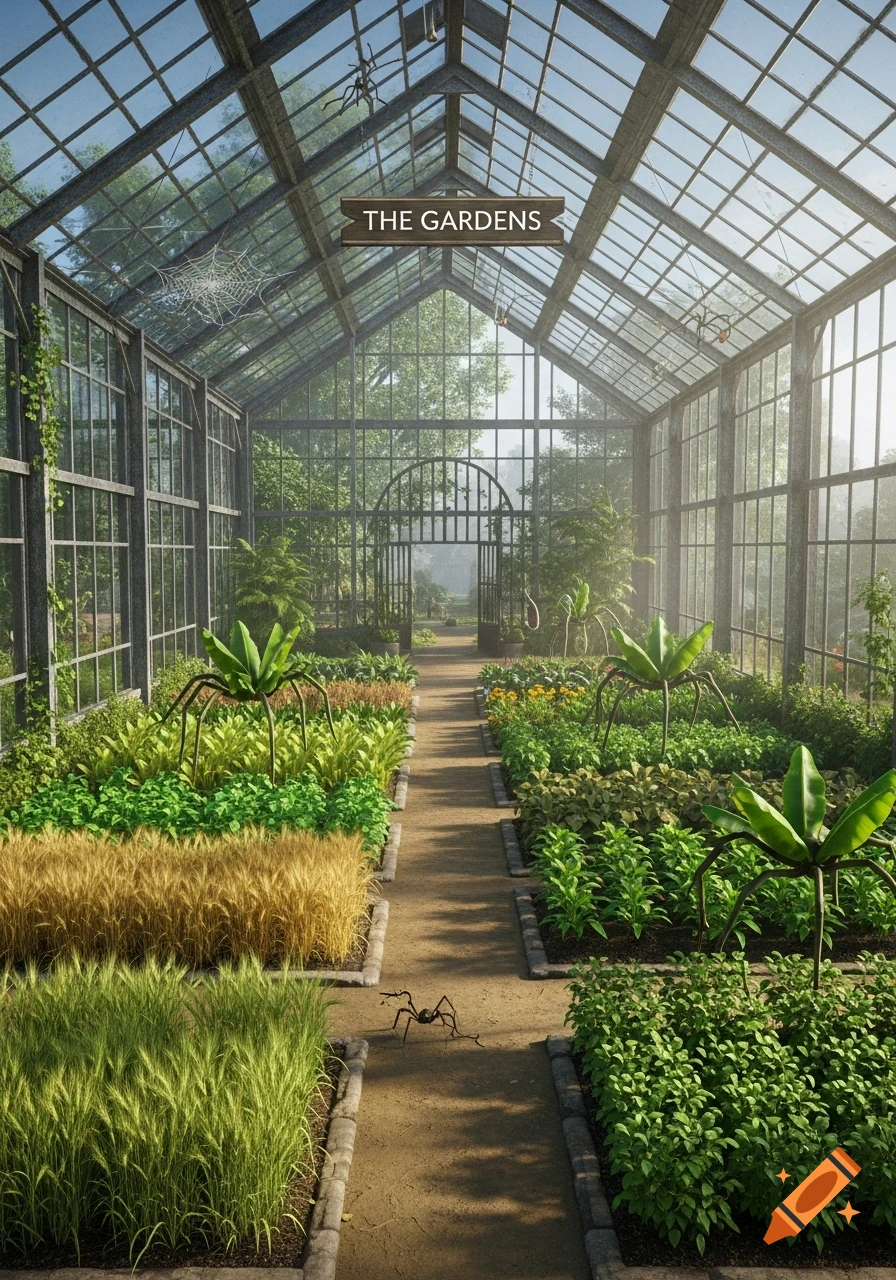 Photorealistic view inside a grand glass greenhouse, with 'THE GARDENS' sign, lush plant beds, a central dirt path, and large spider-like plant creatures.