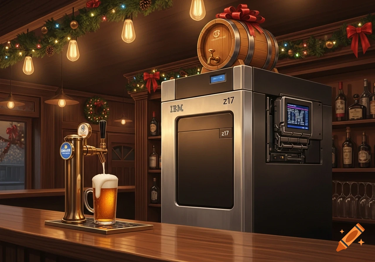 An IBM z17 mainframe computer sits on a bar counter next to a beer tap pouring into a mug, with a decorative beer barrel on top, all surrounded by Christmas garlands and lights in a cozy bar setting.
