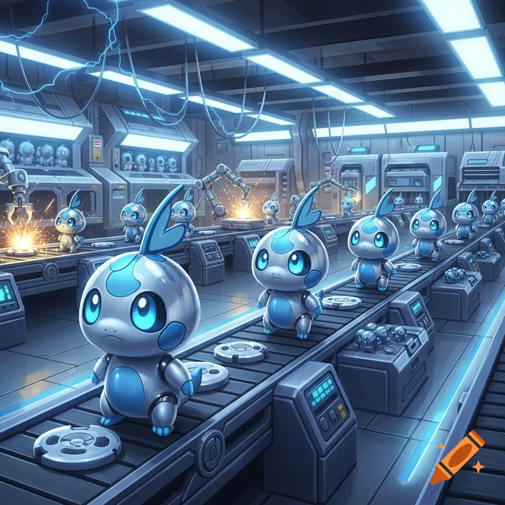 Cute blue and silver robot creatures resembling Sobble on a futuristic factory assembly line with welding robots.