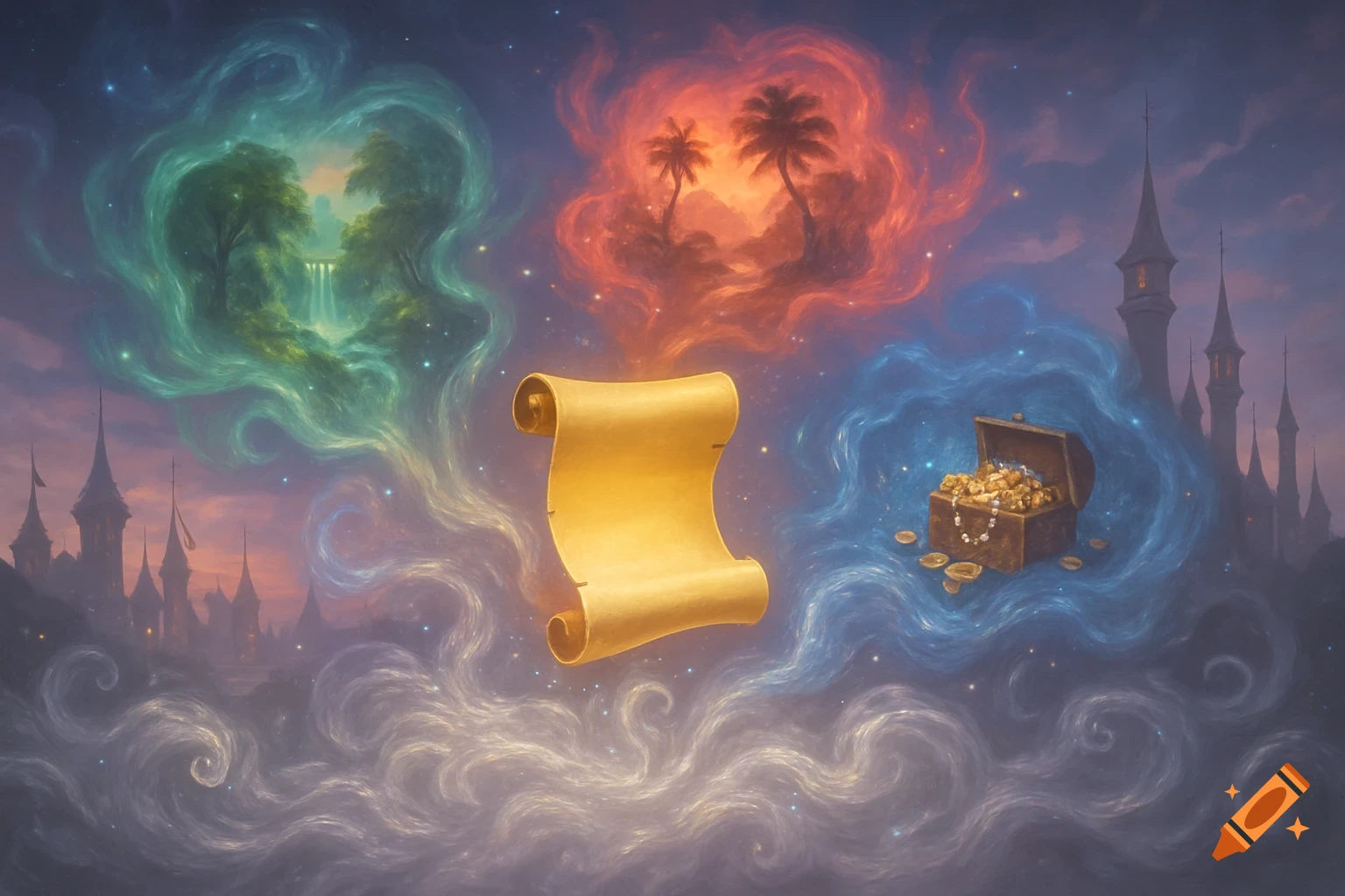 A golden scroll hovers over swirling clouds, surrounded by dreamscapes of a forest, palm trees, and a treasure chest, with fantasy castles.