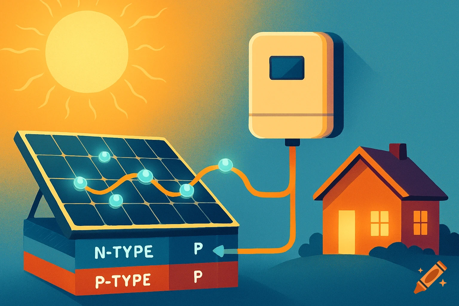 Digital illustration of a solar panel connected to an inverter and a house, with the sun shining. Labels N-TYPE and P-TYPE are visible on the panel base.