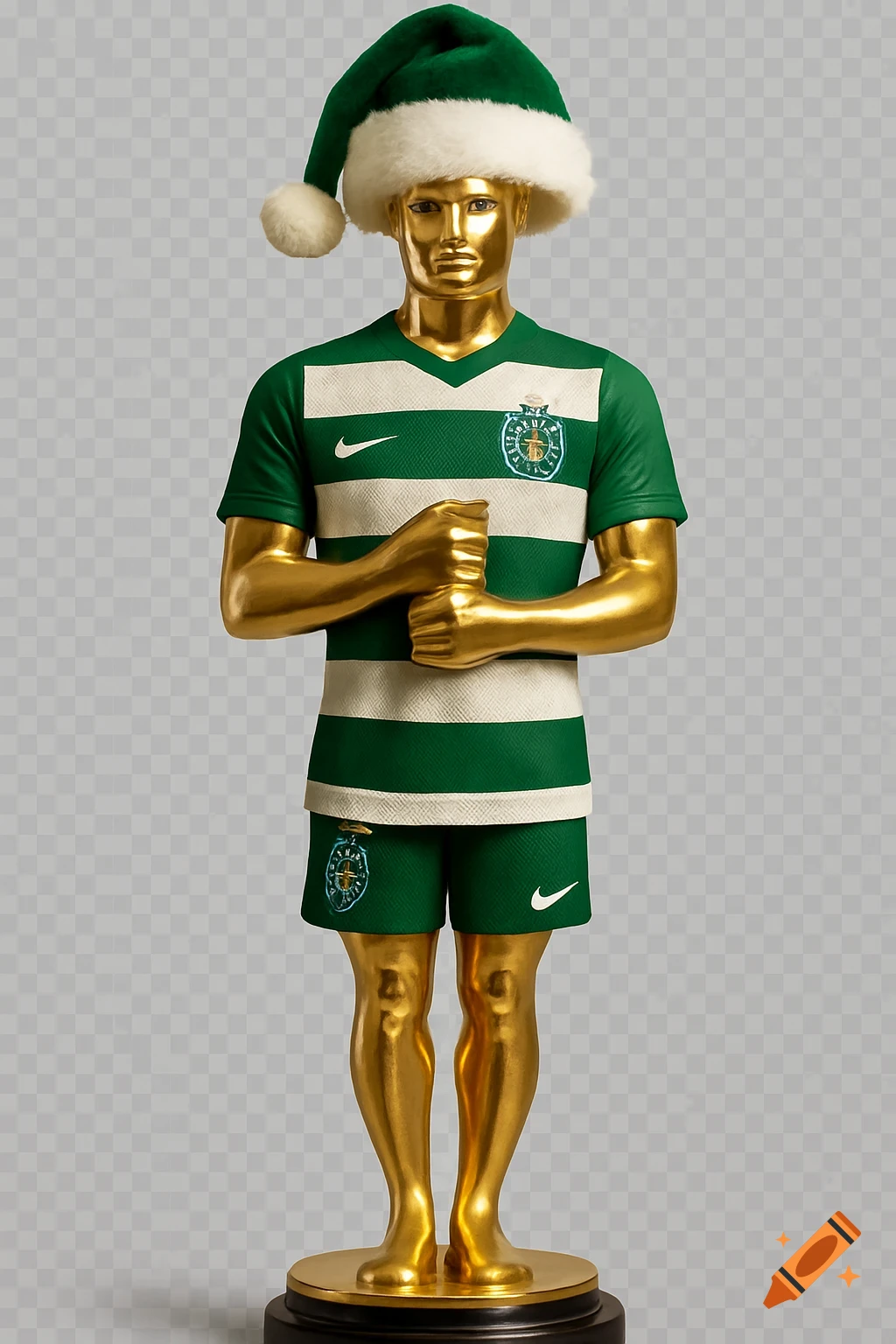 A hyper-realistic golden Oscar statuette wears a green and white striped football kit with a lion logo, and a green Santa hat.