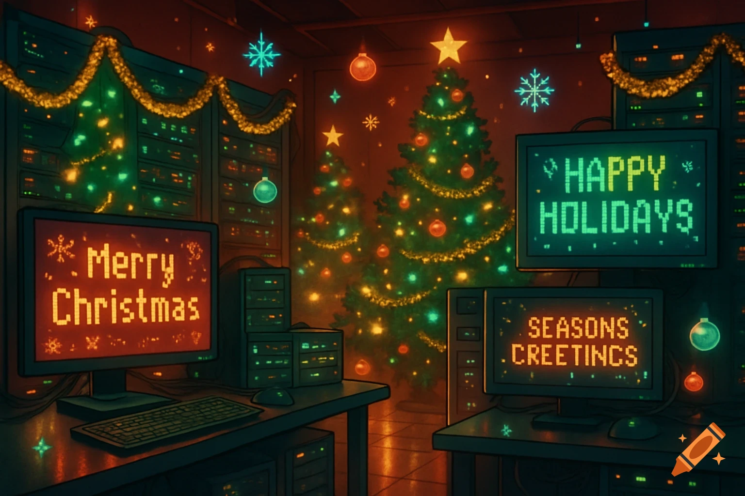 A stylized server room adorned for Christmas with festive lights, trees, and monitors displaying holiday greetings like 'Merry Christmas' and 'Happy Holidays'.
