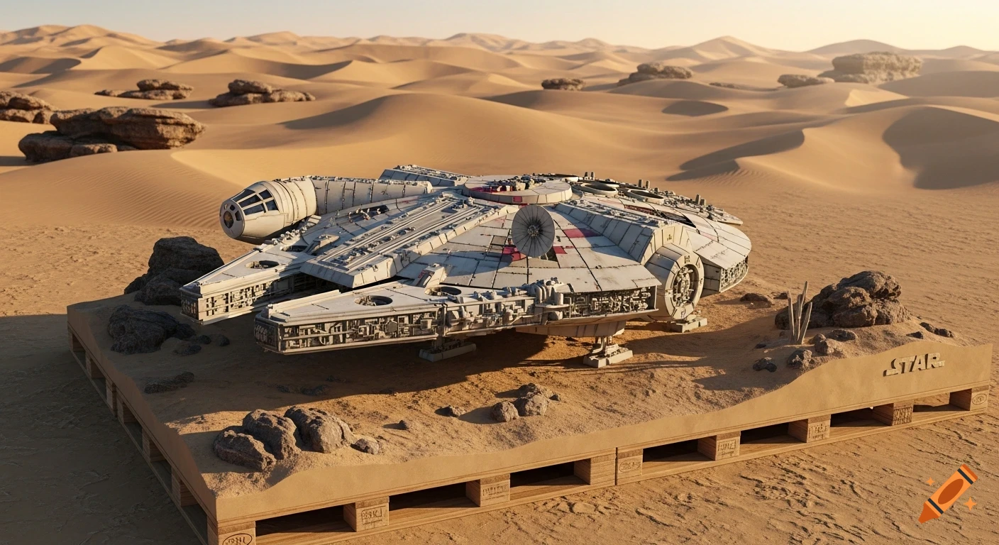 Detailed Millennium Falcon model on a wooden pallet diorama in a vast sandy desert with dunes under a warm sunset sky.