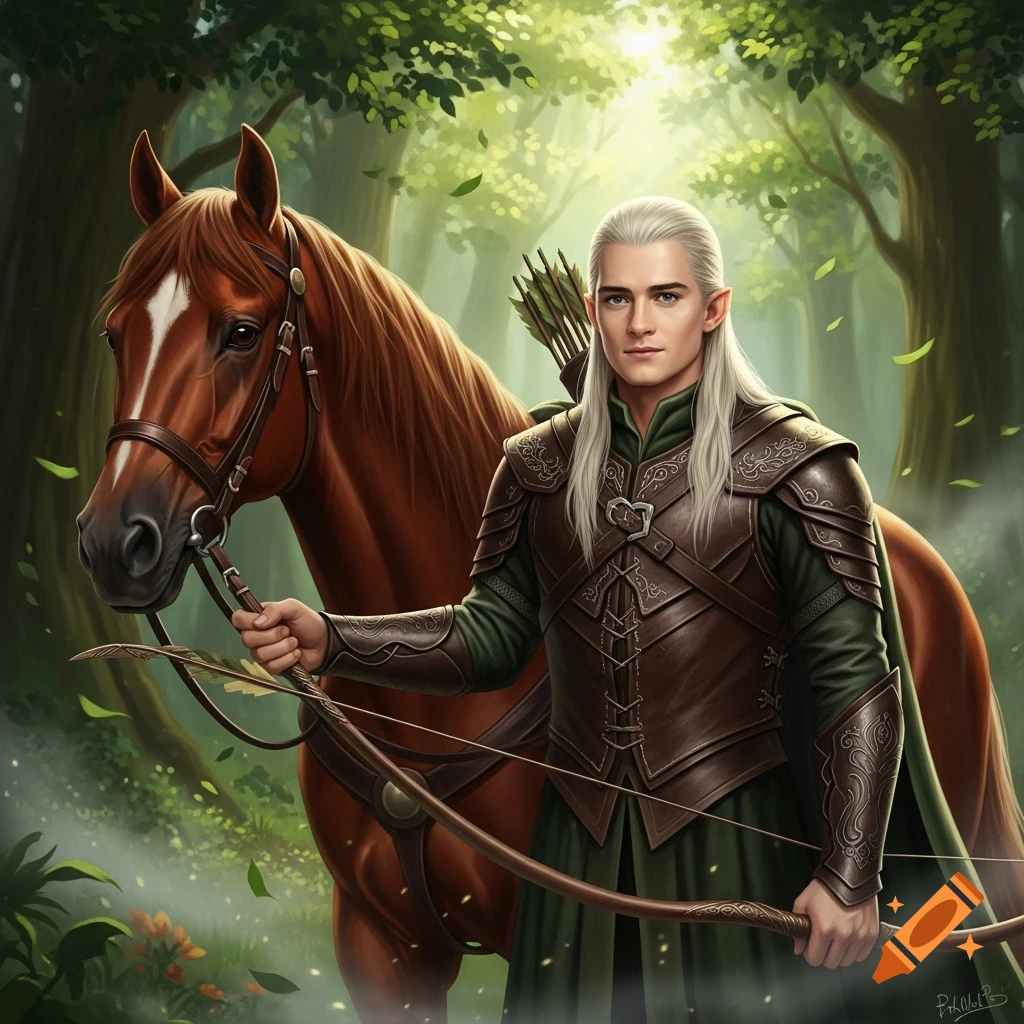 A fair-haired elf in green and brown armor with a bow and quiver stands next to a brown horse in a sunlit forest.