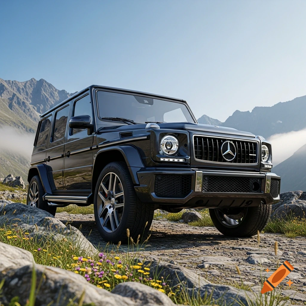 A black Mercedes-Benz G-Class SUV is parked on a rocky, grassy mountain trail under a clear blue sky, surrounded by distant peaks.