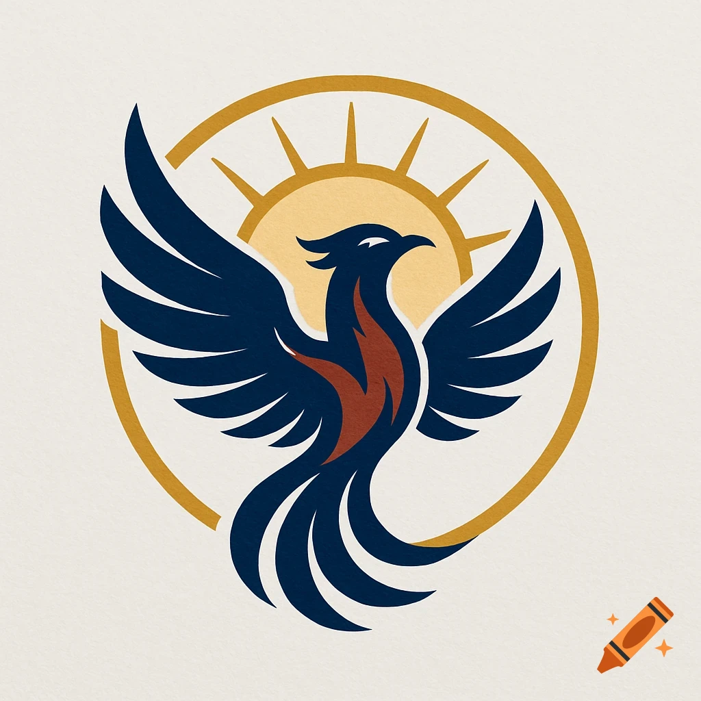 Stylized dark blue phoenix with red flame-like chest, wings spread, set against a golden sun within a circular outline.