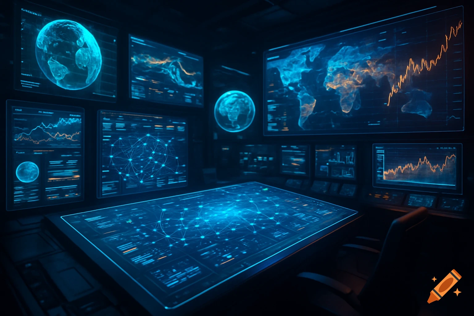 A futuristic control room with multiple screens displaying global maps, graphs, and interconnected data points glowing blue and orange.