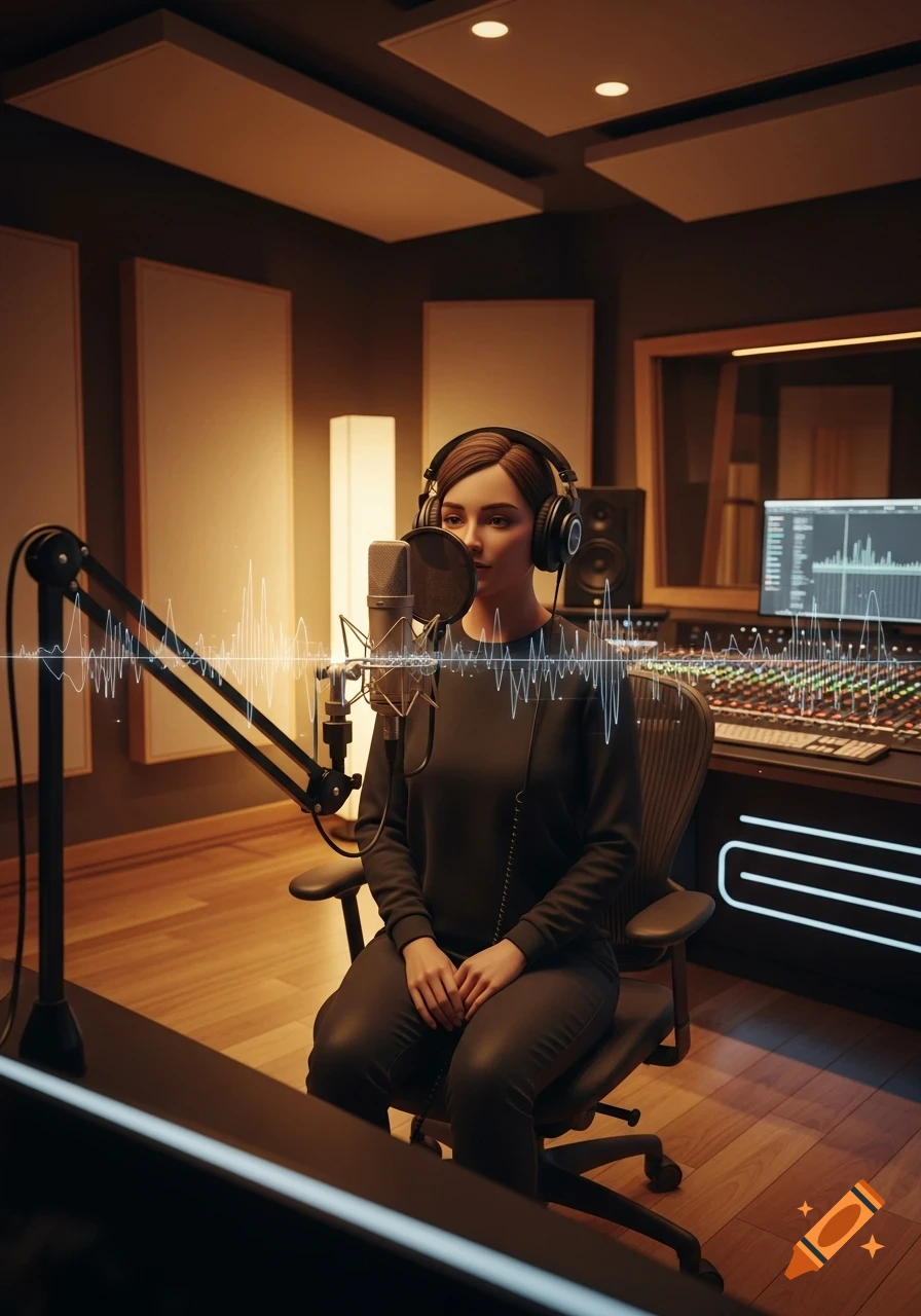 A woman with headphones sits in a soundproof recording studio in front of a microphone, with a digital waveform graphic overlaid.