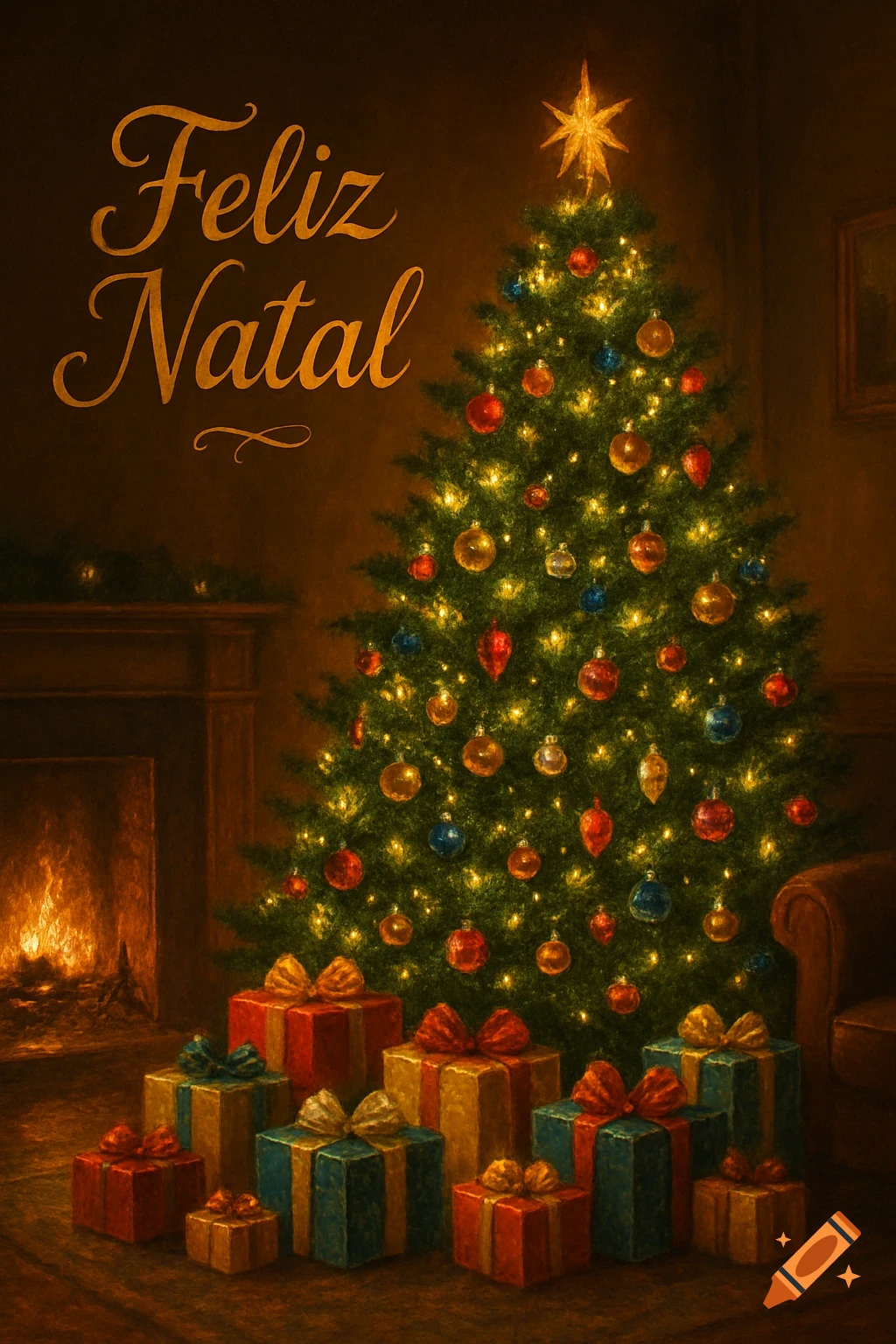 A warm, painterly Christmas scene with a decorated tree, glowing lights, and gifts by a lit fireplace. "Feliz Natal" is written in gold script.